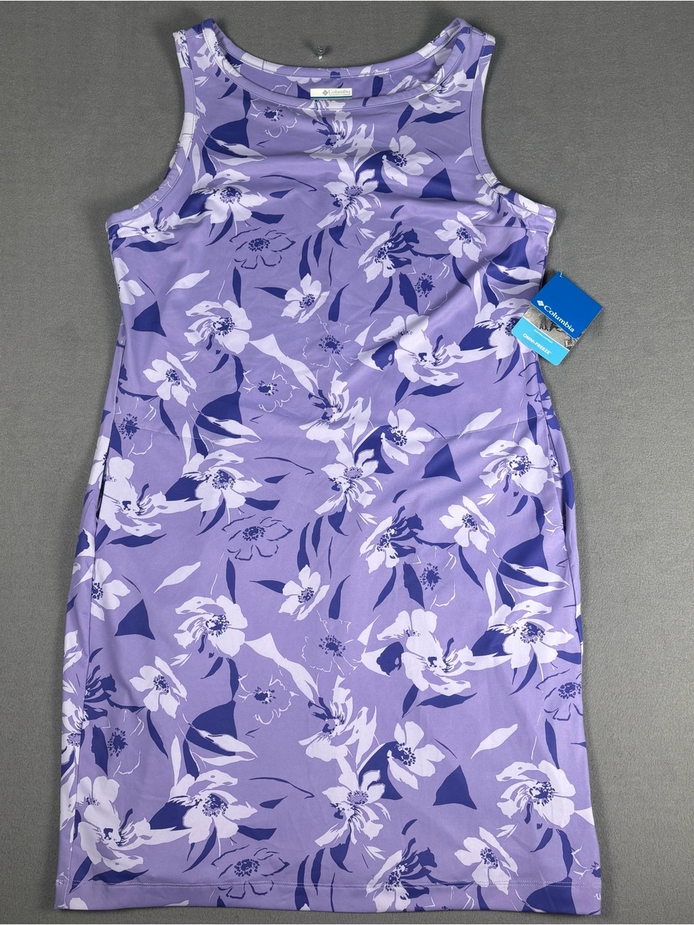 NWT Columbia Purple Chill River Printed Dress Sz LG Pockets UPF 50 Omni wick